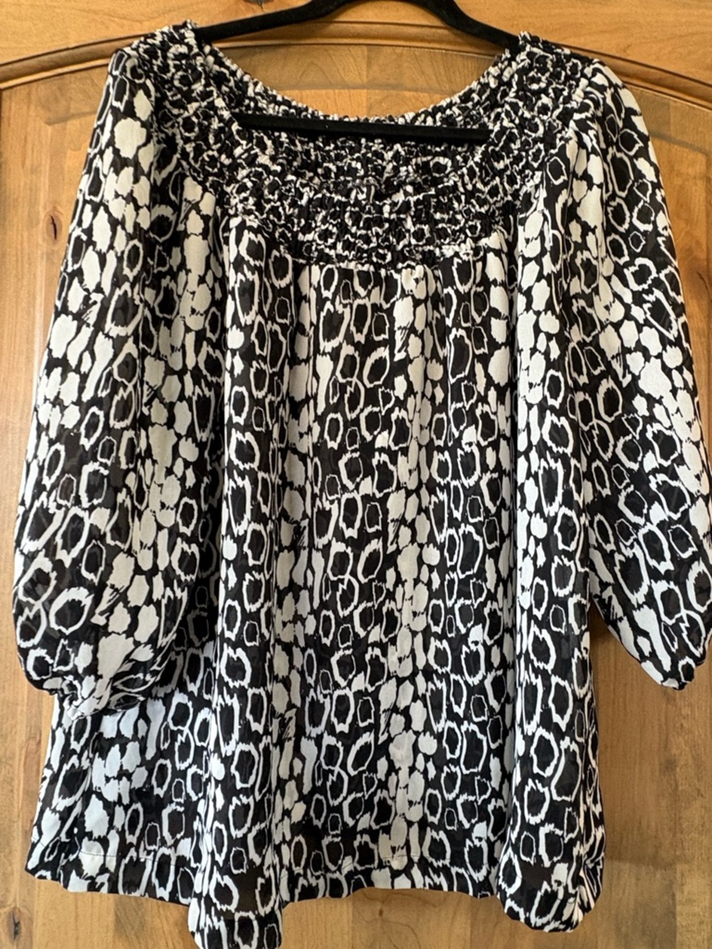 Sunny Taylor Black & White Smocked-Neck Peasant Tunic